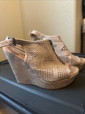 Not Rated Taupe Perforated Wedge Sandals with Front Zip